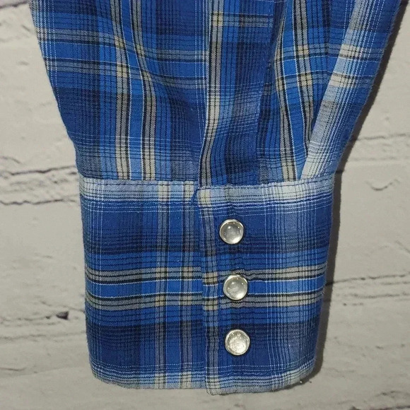 Wrangler Wrancher Pearl Snap Large Blue Plaid Shirt Western Cowboy Cotton Blend - Picture 6 of 11